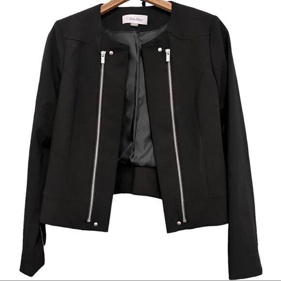 Calvin Klein Cropped Moto Jacket Womens Size 4 Open Front Zipper Black Blazer - Picture 1 of 5